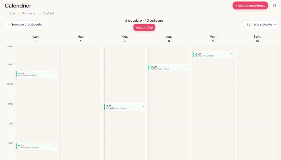 Planning hebdomadaire Resa avec les creneaux de cours confirmes