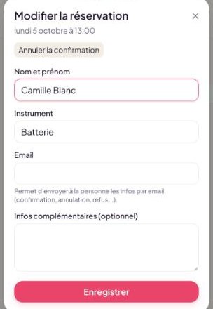 Fiche de reservation dans l'espace admin Resa, avec statut de confirmation